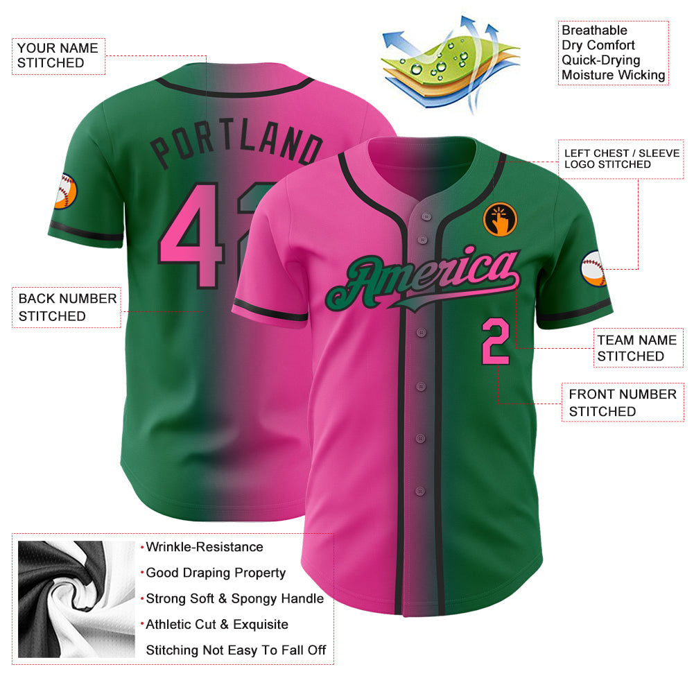 Custom Kelly Green Pink-Black Authentic Gradient Fashion Baseball Jersey view 3