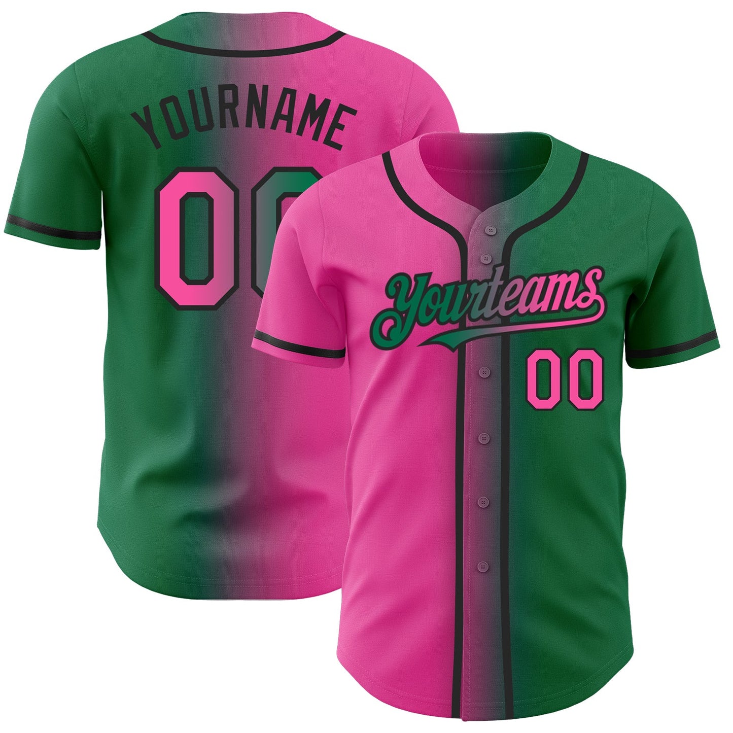 Custom Kelly Green Pink-Black Authentic Gradient Fashion Baseball Jersey - Main View