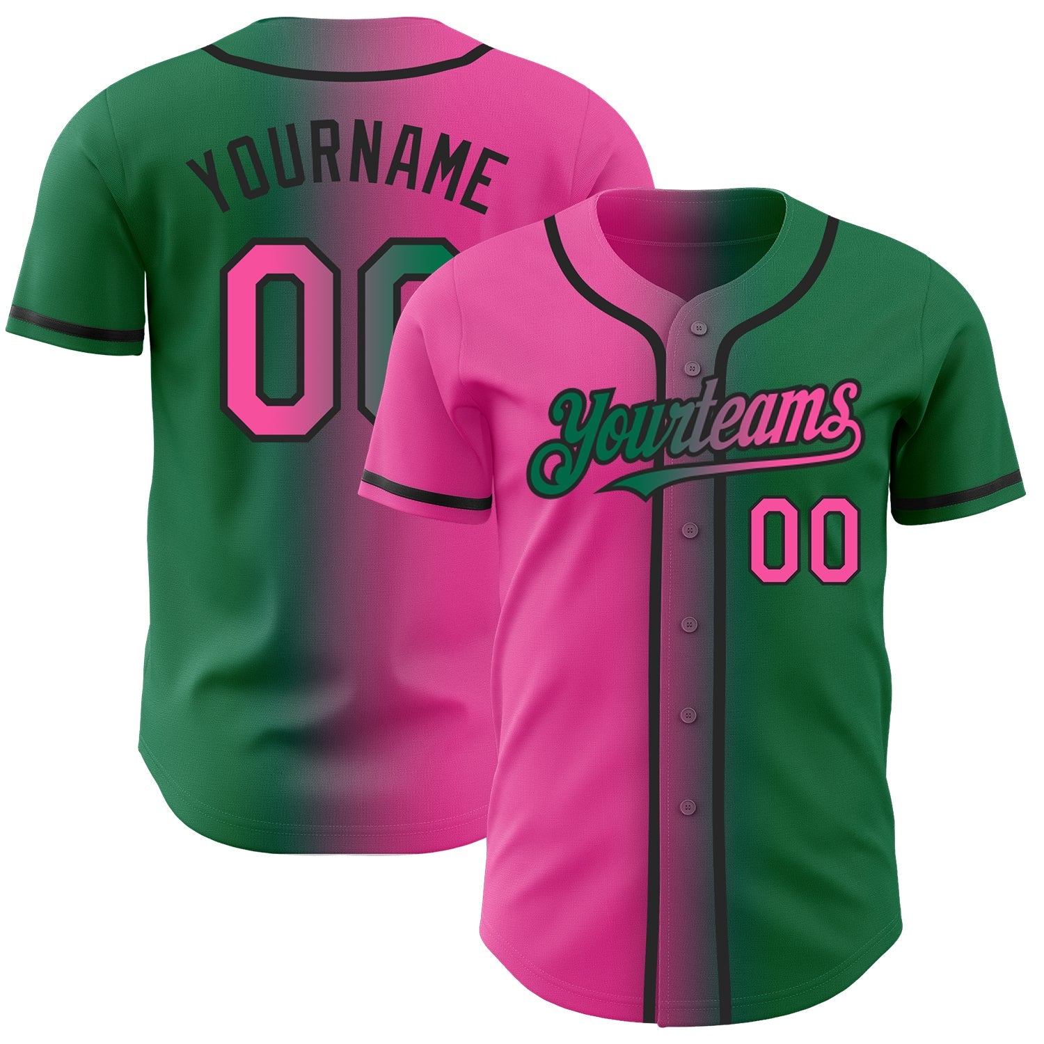 Custom Kelly Green Pink-Black Authentic Gradient Fashion Baseball Jersey - Main View