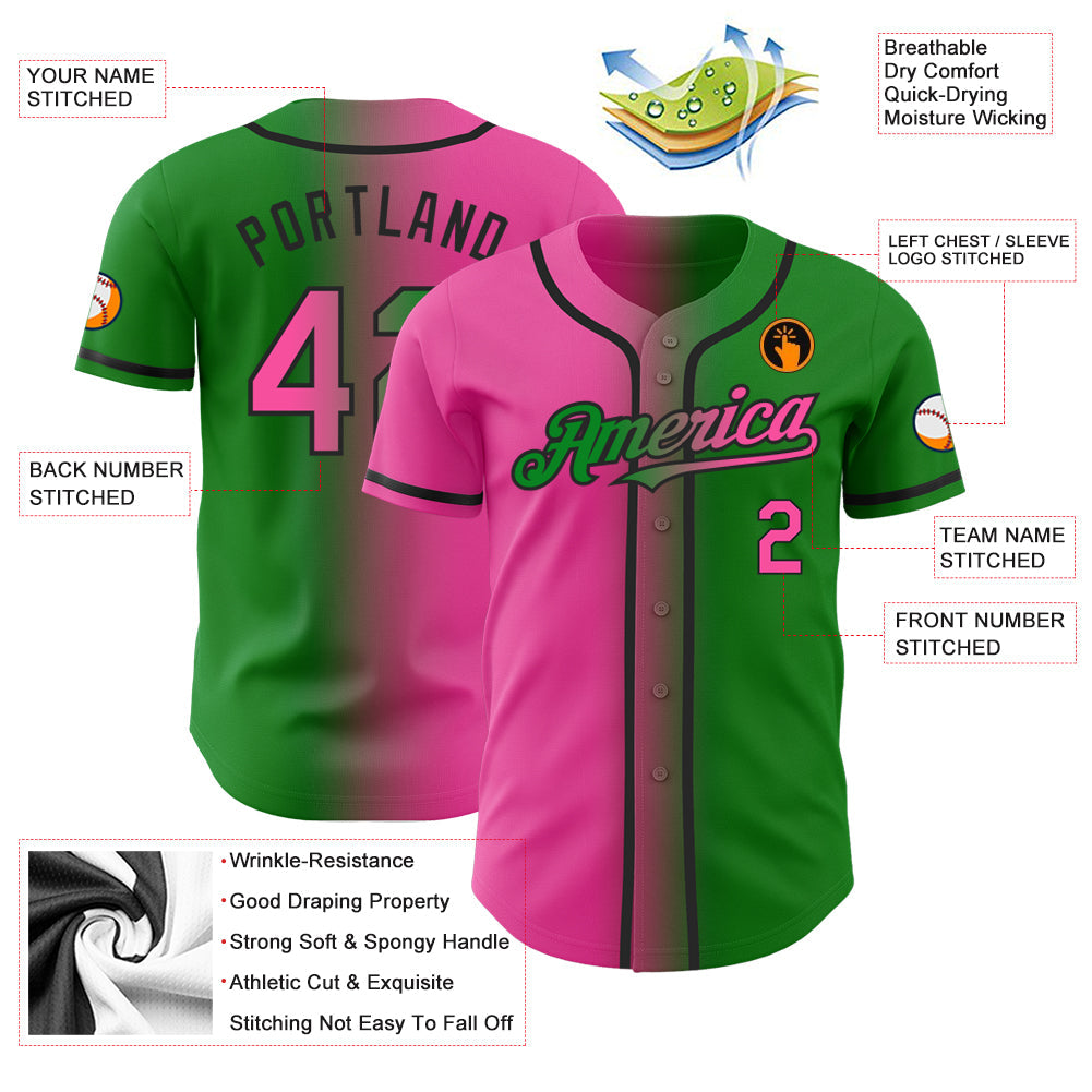 Custom Grass Green Pink-Black Authentic Gradient Fashion Baseball Jersey view 3