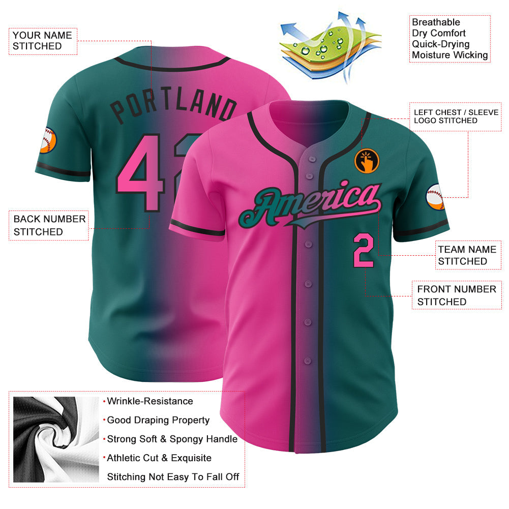 Custom Teal Pink-Black Authentic Gradient Fashion Baseball Jersey view 3