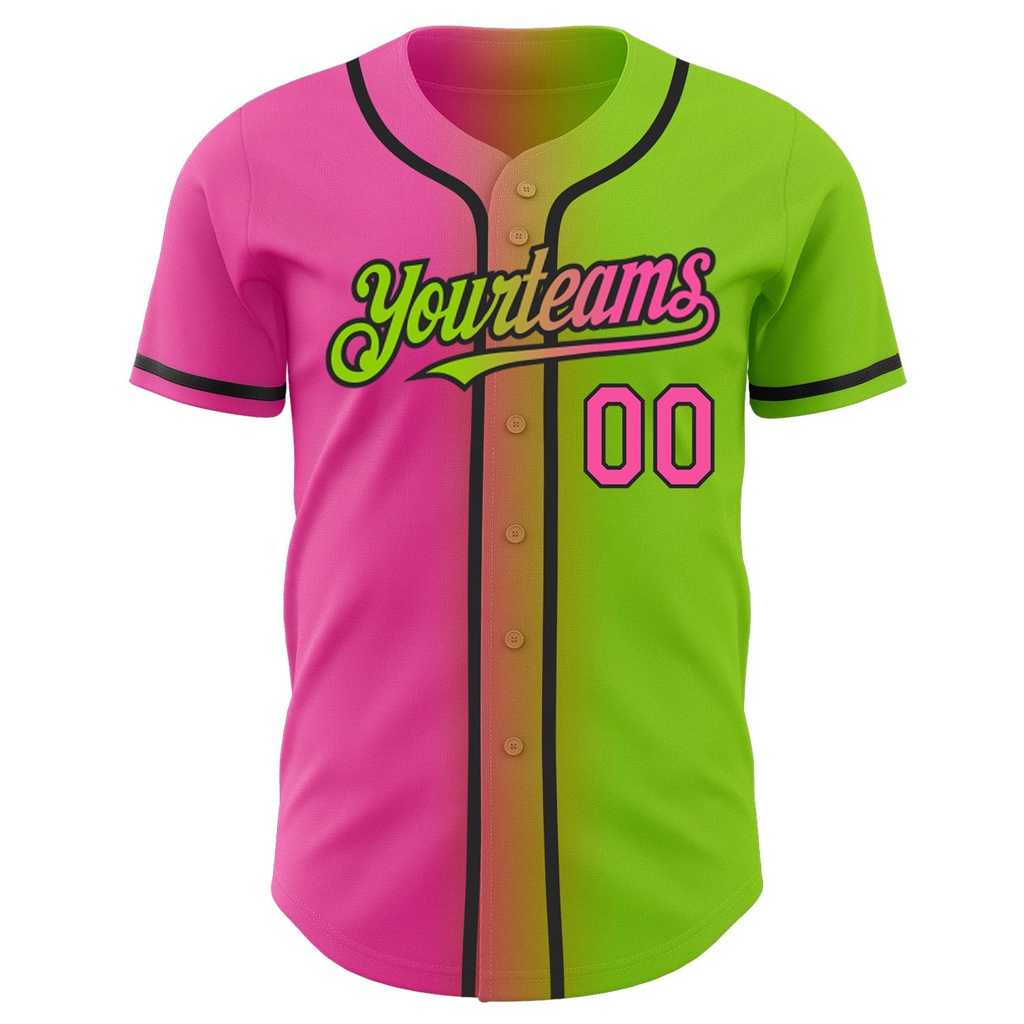 Custom Neon Green Pink-Black Authentic Gradient Fashion Baseball Jersey view 3