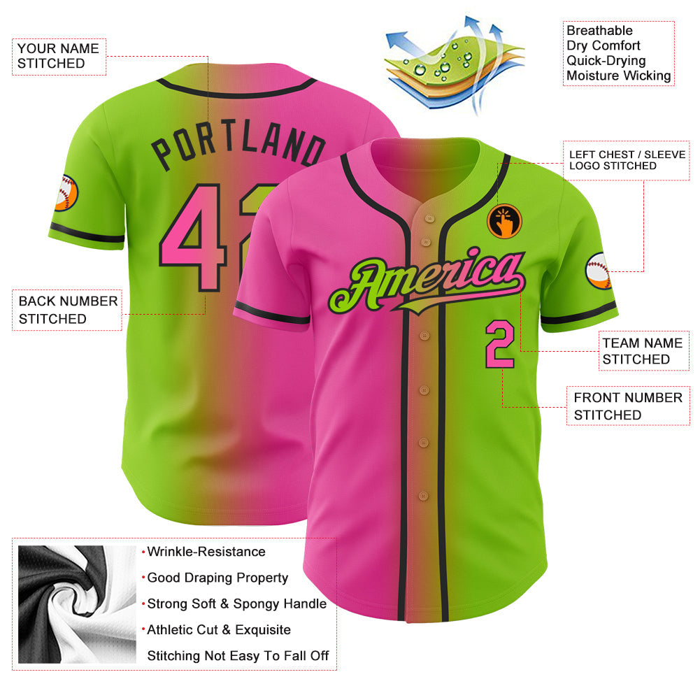 Custom Neon Green Pink-Black Authentic Gradient Fashion Baseball Jersey view 4