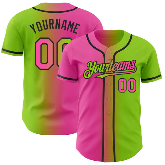 Custom Neon Green Pink-Black Authentic Gradient Fashion Baseball Jersey - Main View