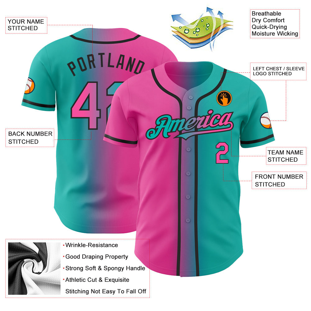 Custom Aqua Pink-Black Authentic Gradient Fashion Baseball Jersey view 3