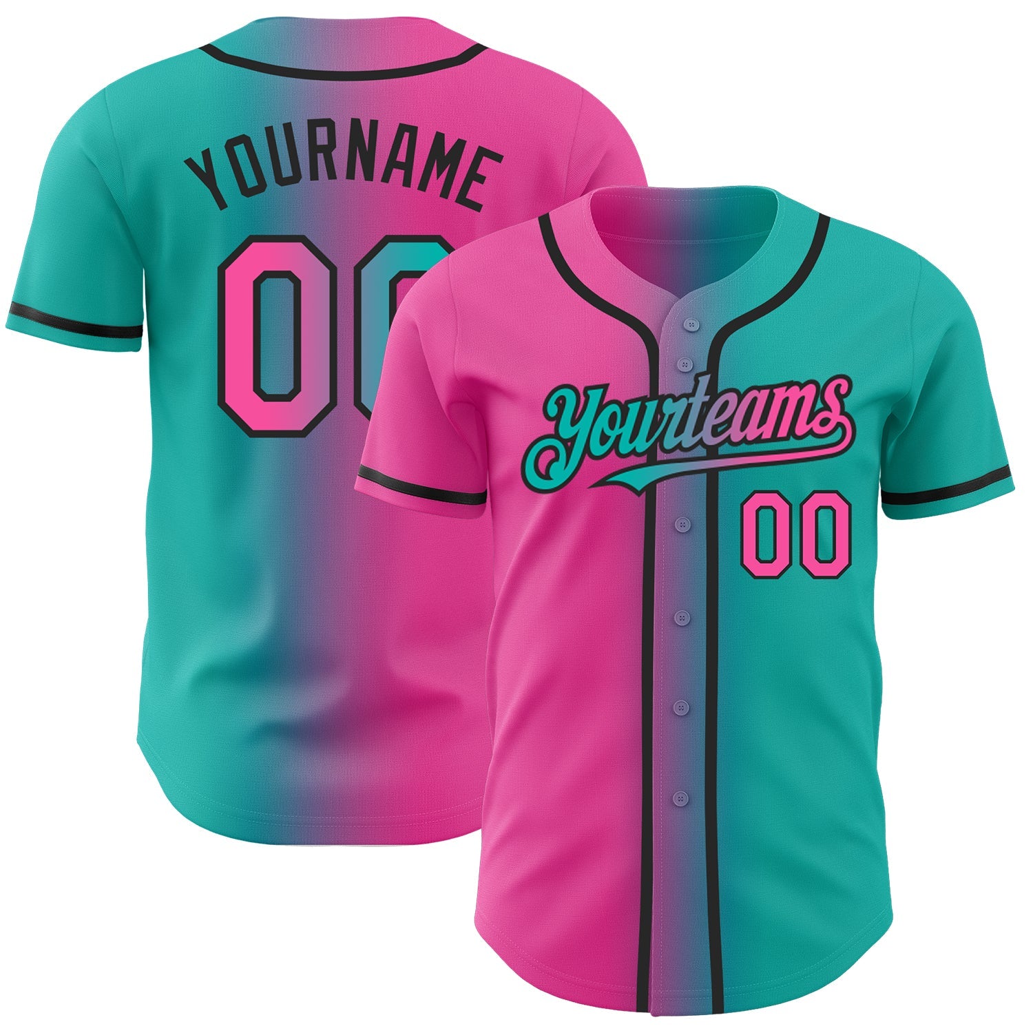 Custom Aqua Pink-Black Authentic Gradient Fashion Baseball Jersey - Main View
