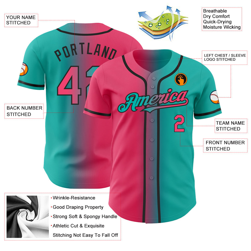 Custom Aqua Neon Pink-Black Authentic Gradient Fashion Baseball Jersey view 3