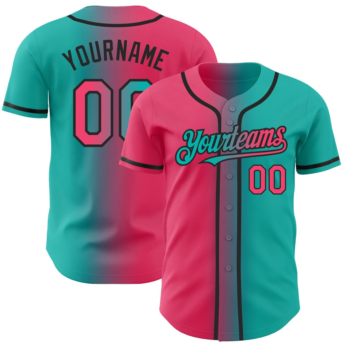 Custom Aqua Neon Pink-Black Authentic Gradient Fashion Baseball Jersey - Main View