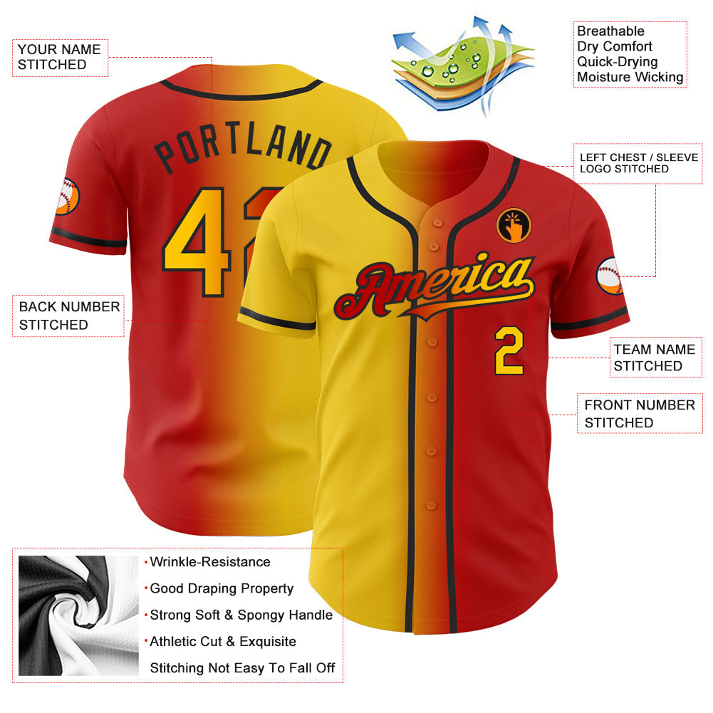 Custom Red Yellow-Black Authentic Gradient Fashion Baseball Jersey view 4