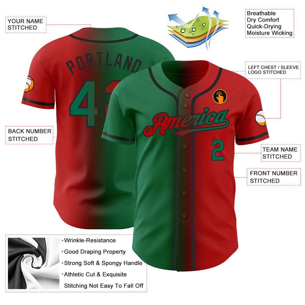 Custom Red Kelly Green-Black Authentic Gradient Fashion Baseball Jersey view 3