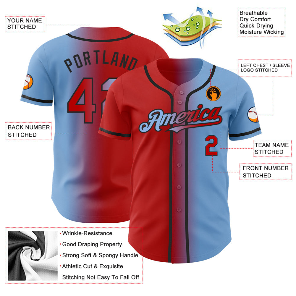 Custom Light Blue Red-Black Authentic Gradient Fashion Baseball Jersey view 3