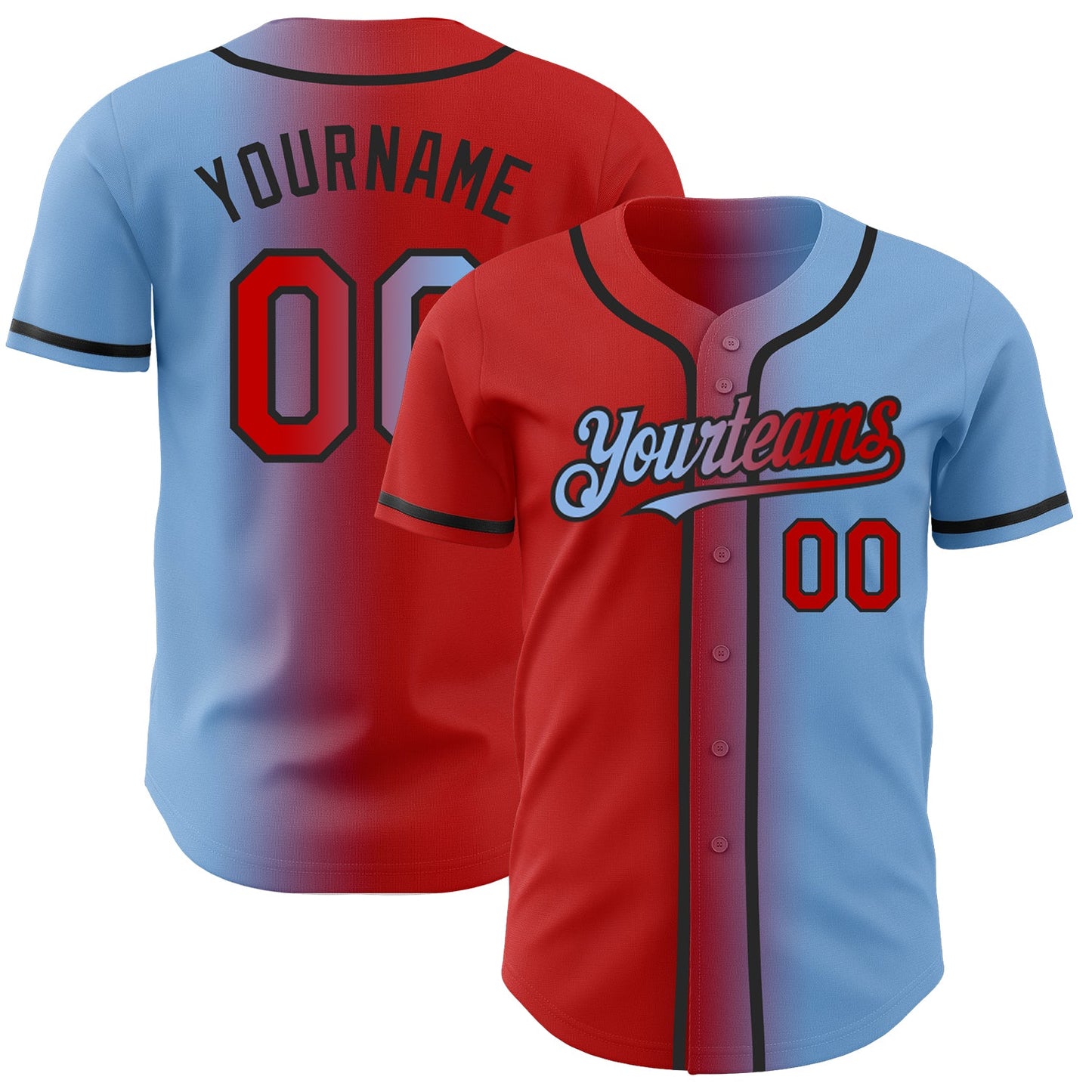 Custom Light Blue Red-Black Authentic Gradient Fashion Baseball Jersey - Main View