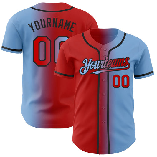 Custom Light Blue Red-Black Authentic Gradient Fashion Baseball Jersey - Main View