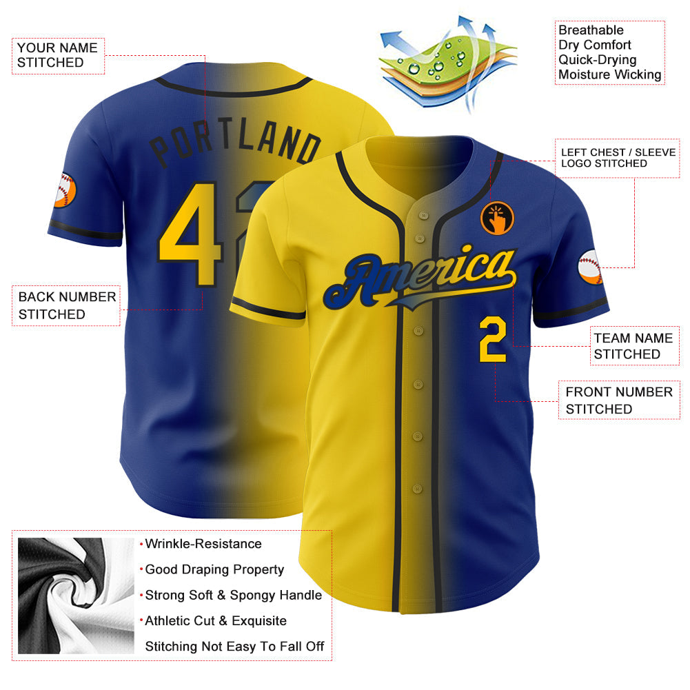 Custom Royal Yellow-Black Authentic Gradient Fashion Baseball Jersey view 3