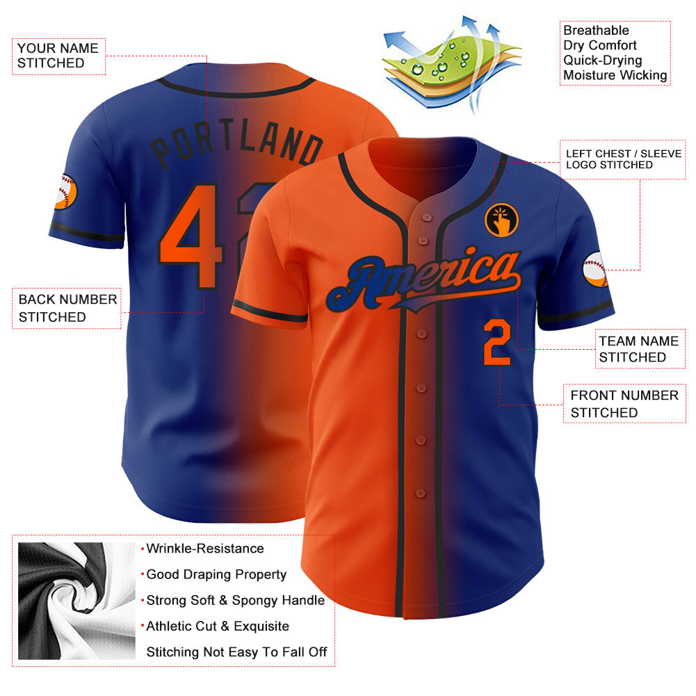 Custom Royal Orange-Black Authentic Gradient Fashion Baseball Jersey view 3