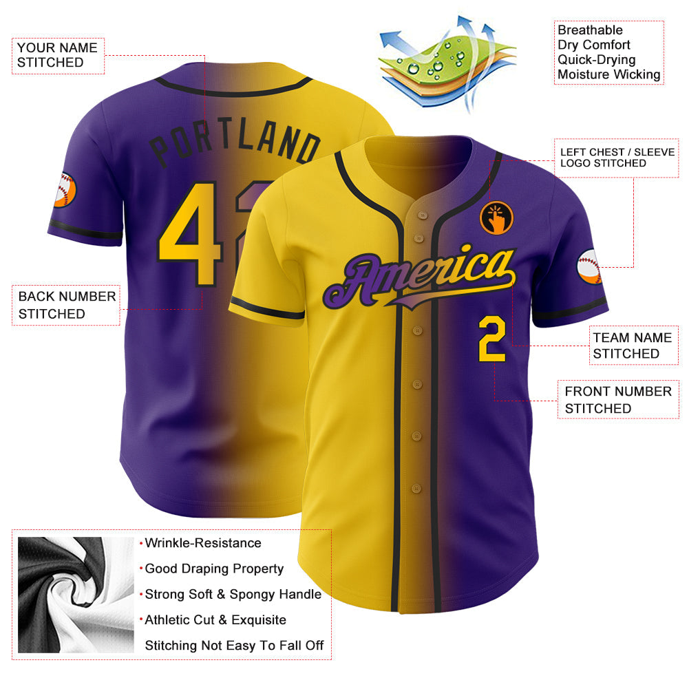 Custom Purple Yellow-Black Authentic Gradient Fashion Baseball Jersey view 3