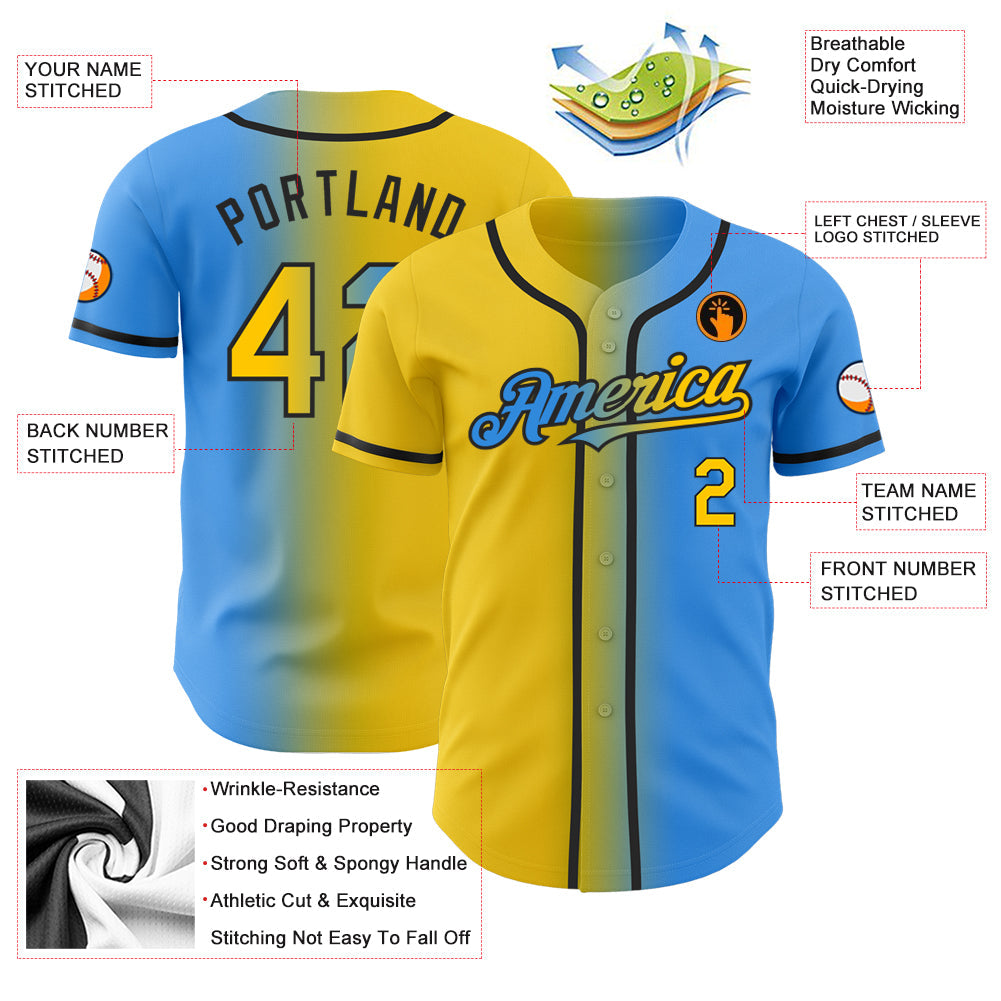 Custom Electric Blue Yellow-Black Authentic Gradient Fashion Baseball Jersey view 3