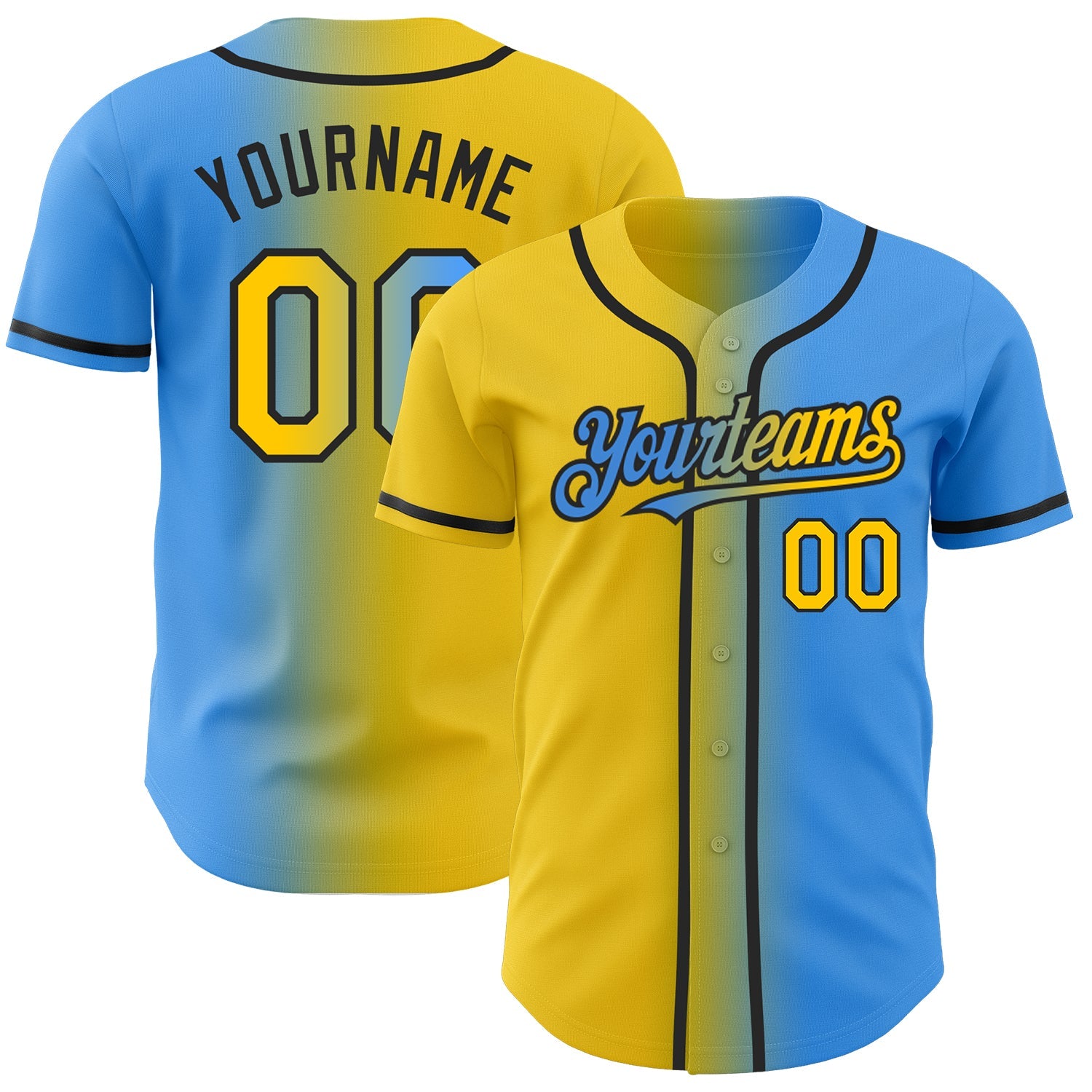 Custom Electric Blue Yellow-Black Authentic Gradient Fashion Baseball Jersey - Main View