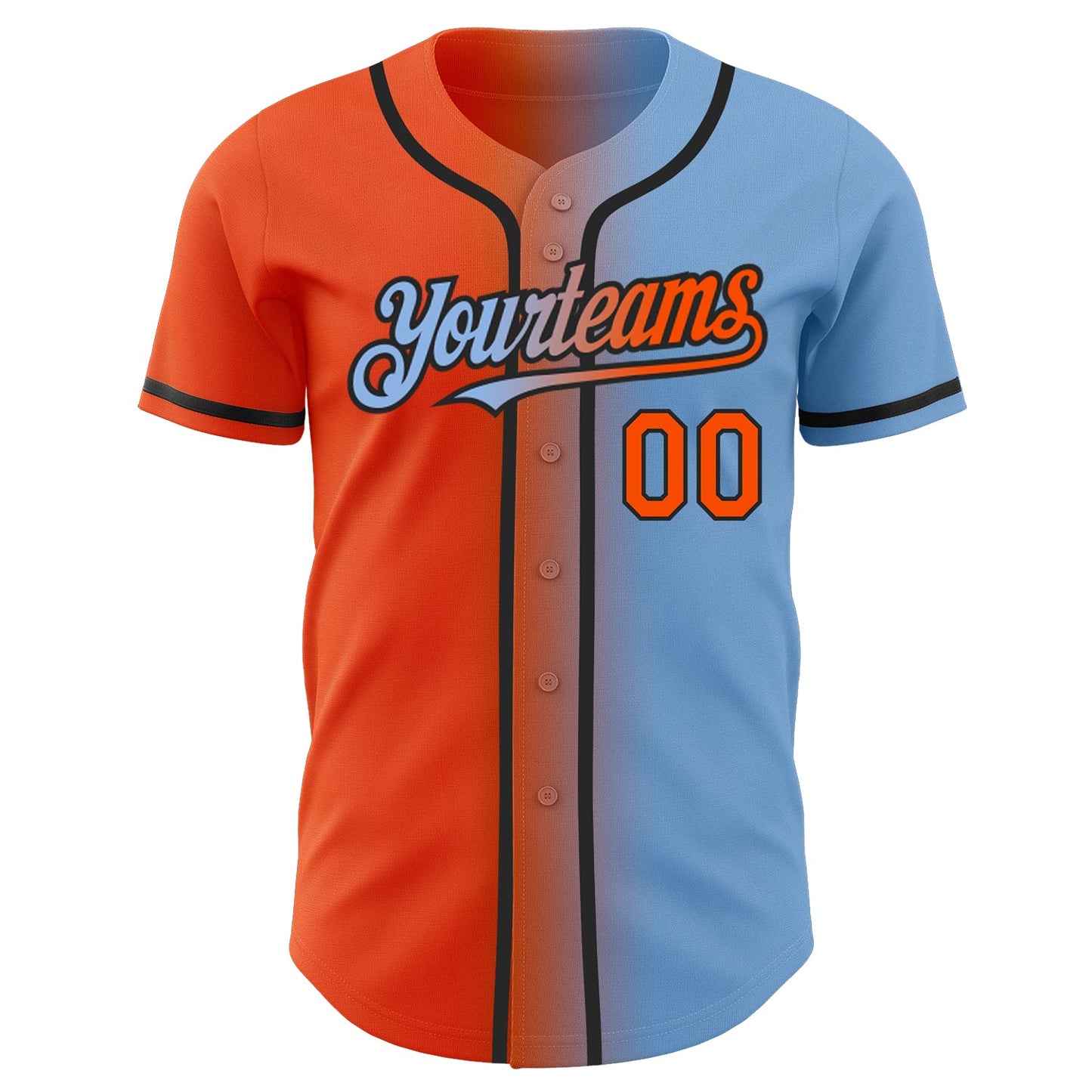 Custom Light Blue Orange-Black Authentic Gradient Fashion Baseball Jersey view 2