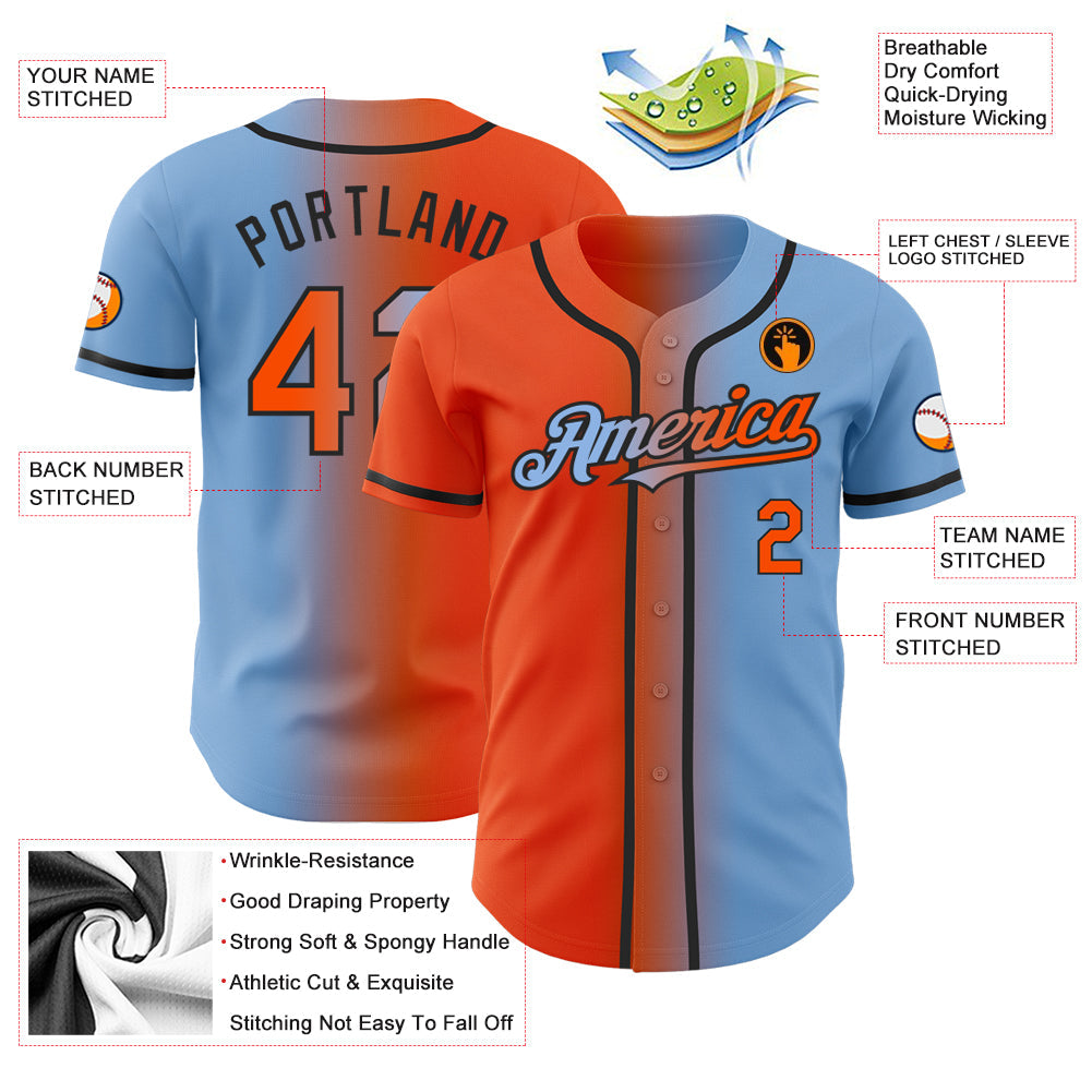 Custom Light Blue Orange-Black Authentic Gradient Fashion Baseball Jersey view 3