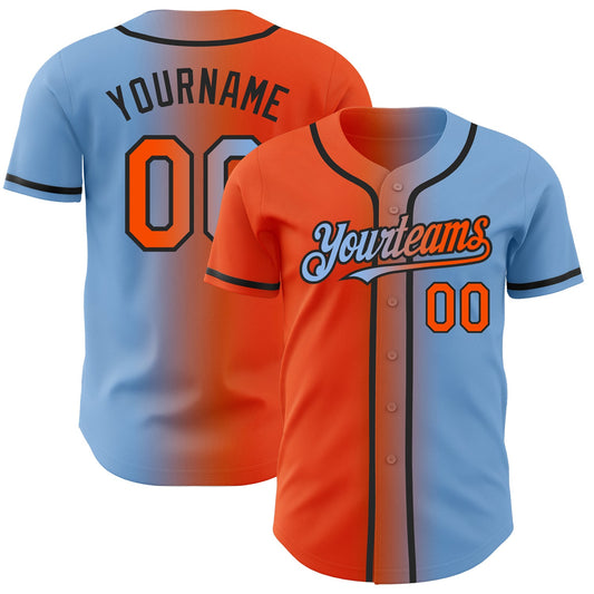 Custom Light Blue Orange-Black Authentic Gradient Fashion Baseball Jersey - Main View