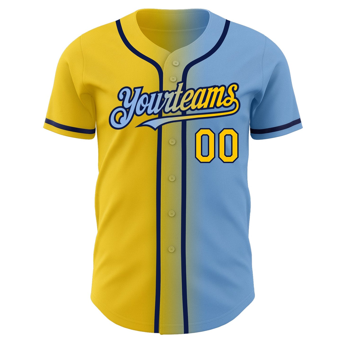 Custom Light Blue Yellow-Navy Authentic Gradient Fashion Baseball Jersey view 2