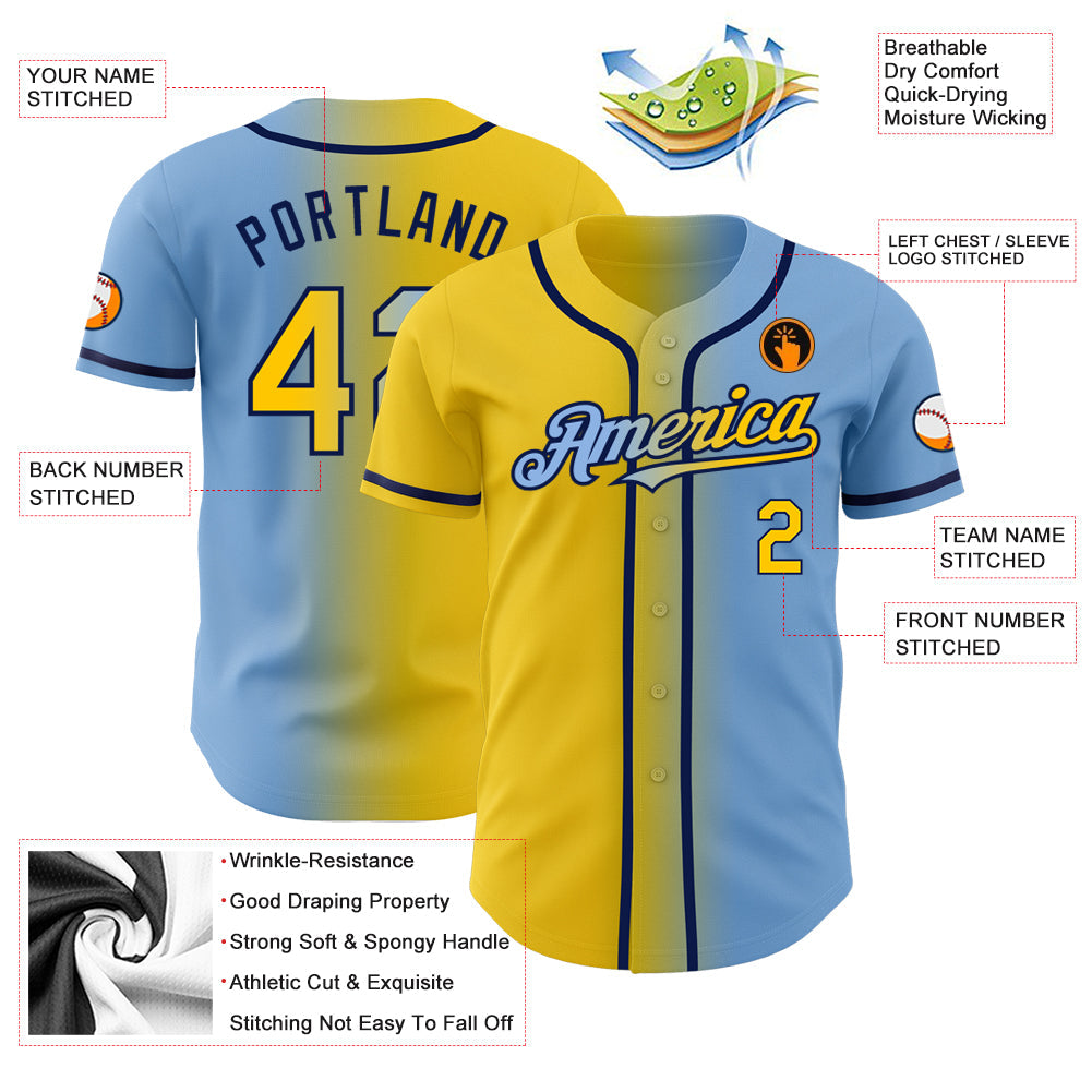 Custom Light Blue Yellow-Navy Authentic Gradient Fashion Baseball Jersey view 3