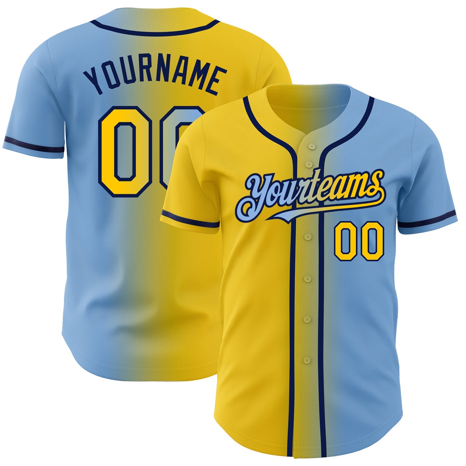 Custom Light Blue Yellow-Navy Authentic Gradient Fashion Baseball Jersey - Main View