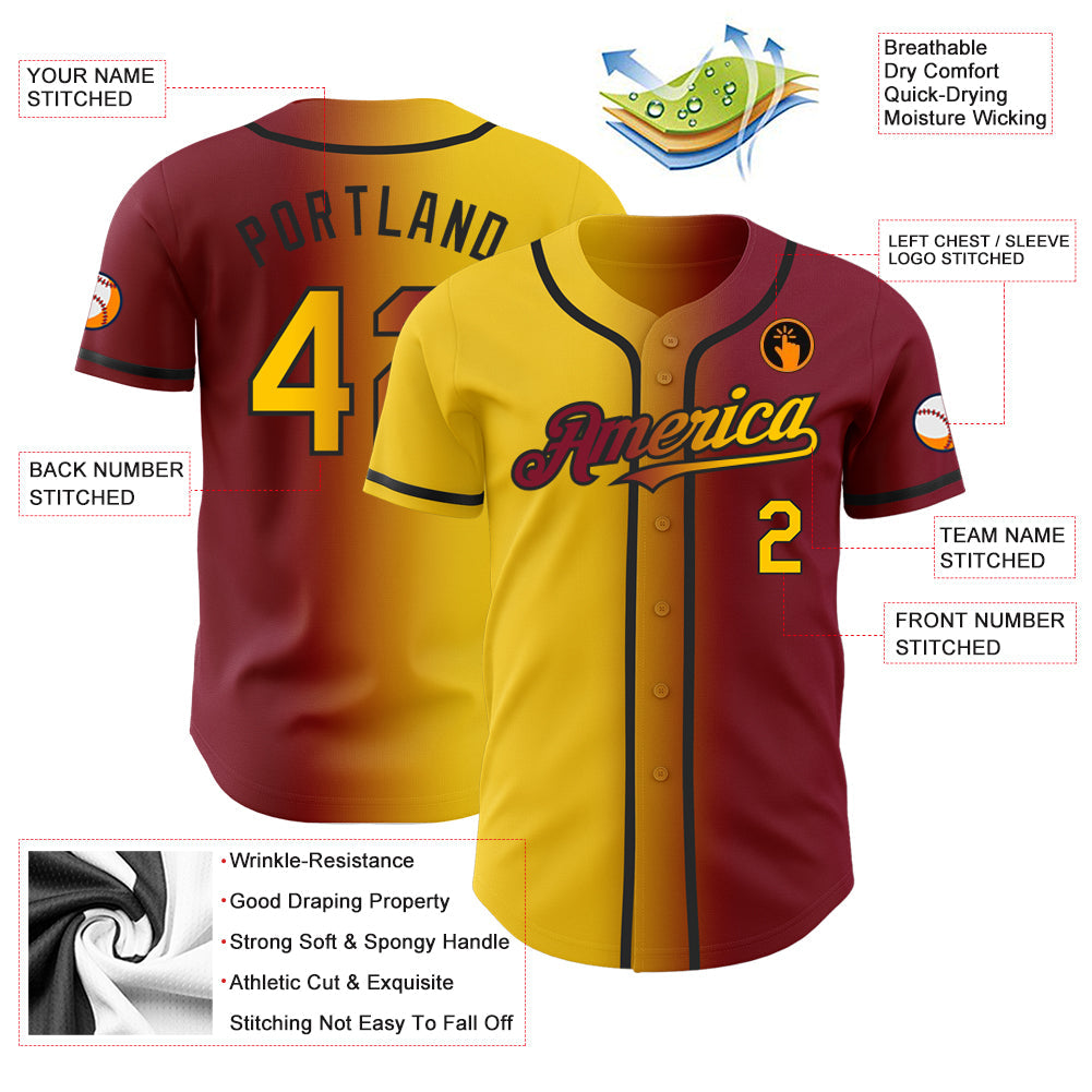 Custom Crimson Yellow-Black Authentic Gradient Fashion Baseball Jersey view 3