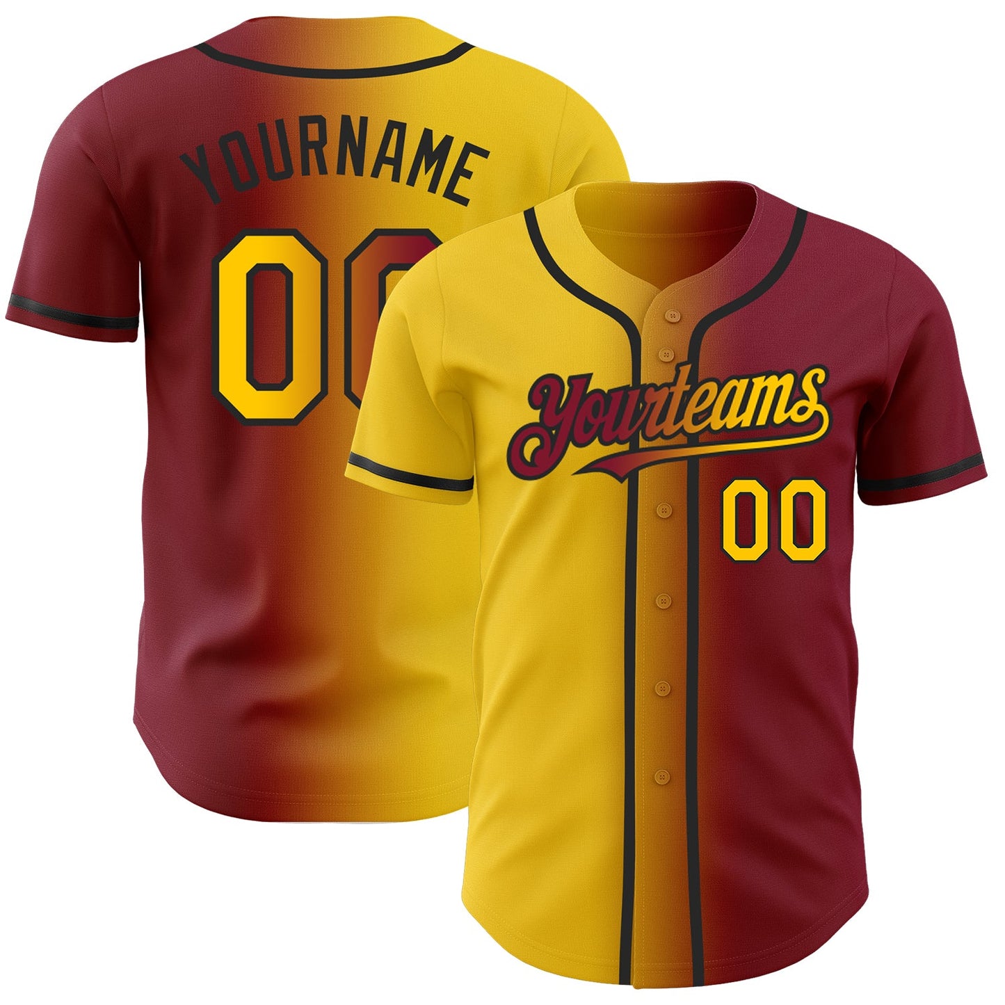 Custom Crimson Yellow-Black Authentic Gradient Fashion Baseball Jersey - Main View