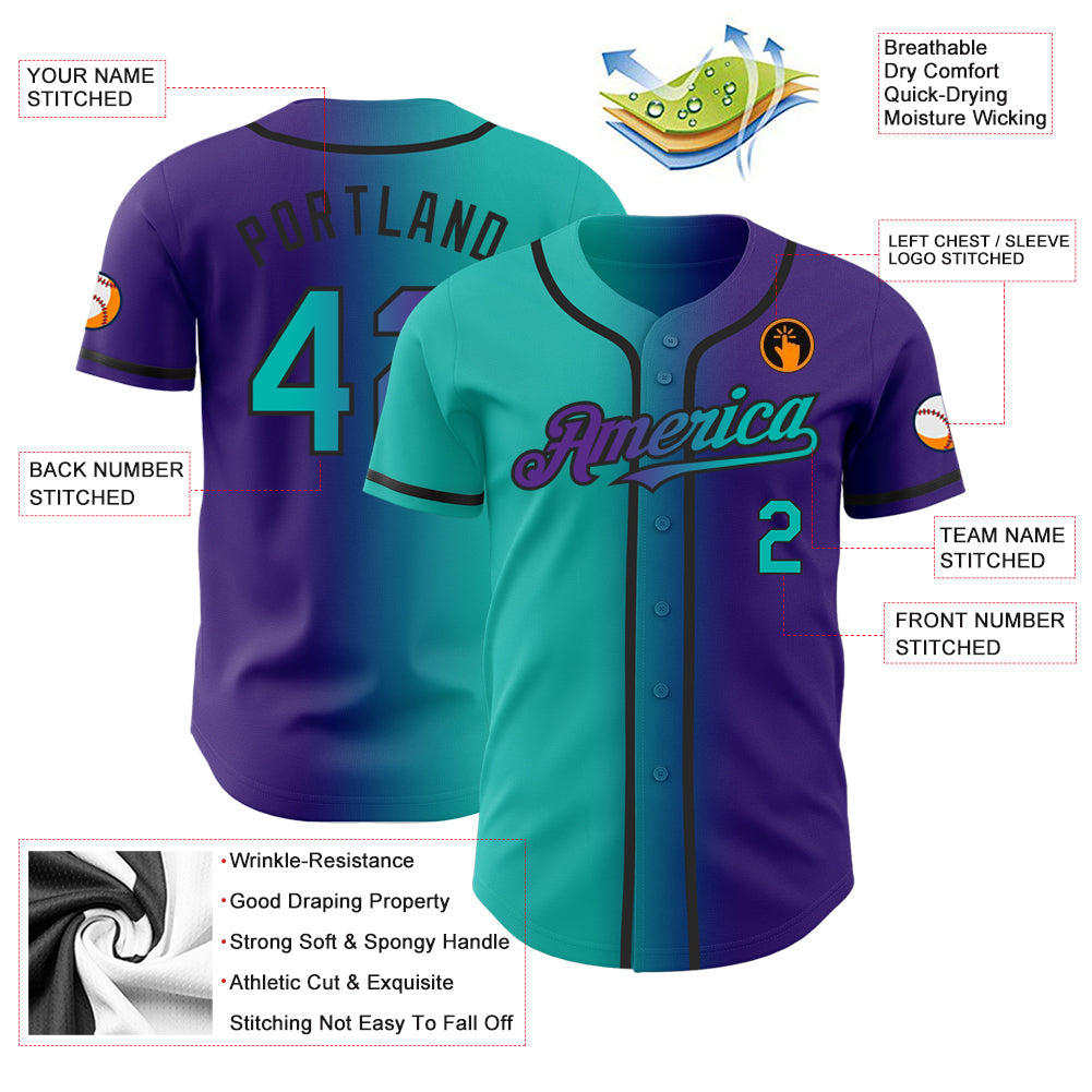 Custom Purple Aqua-Black Authentic Gradient Fashion Baseball Jersey view 4