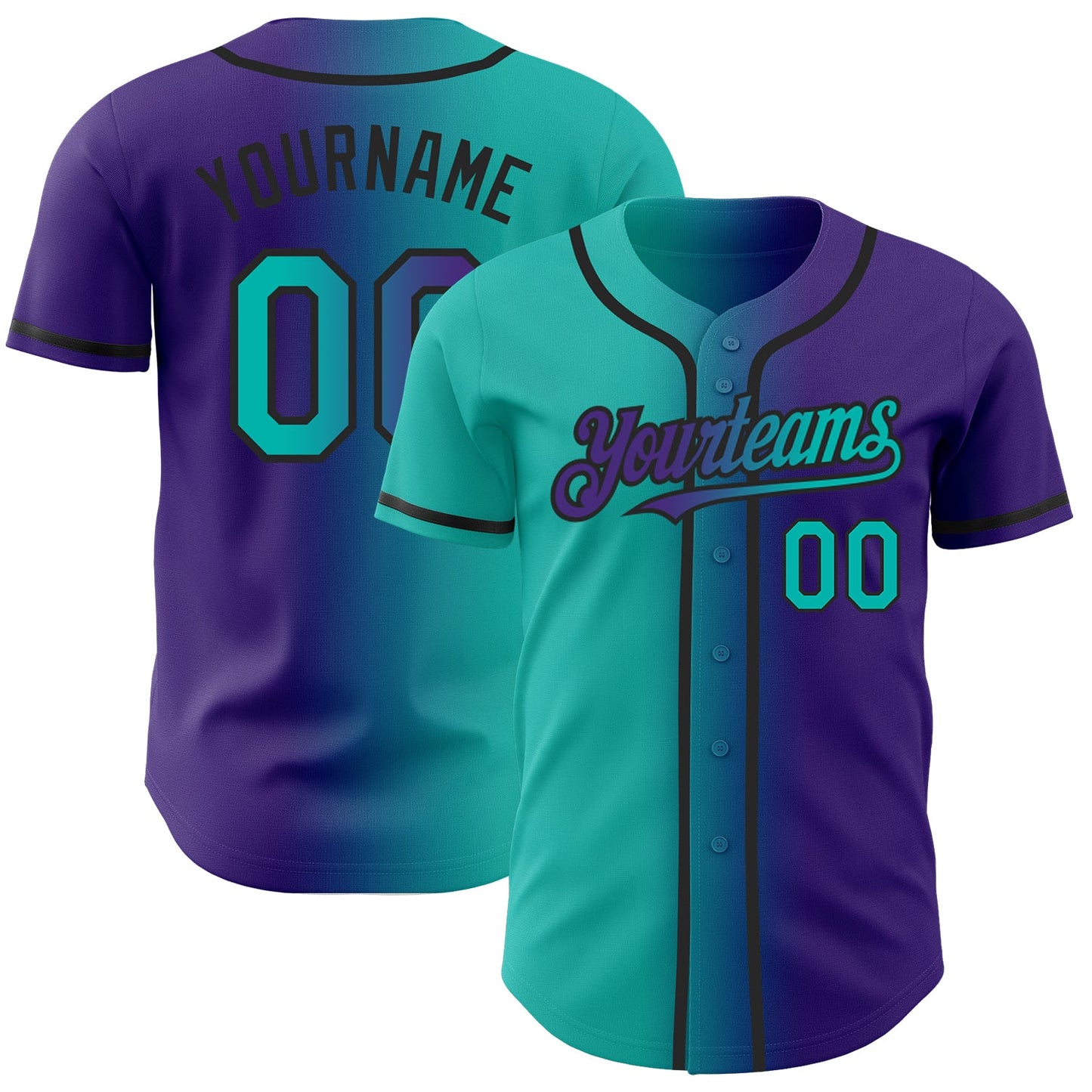Custom Purple Aqua-Black Authentic Gradient Fashion Baseball Jersey - Main View