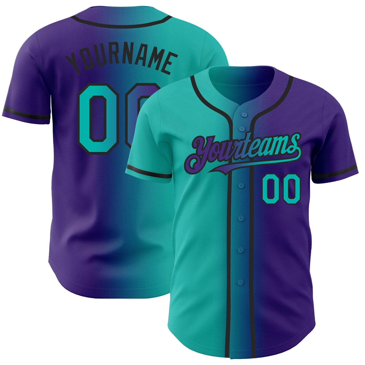 Custom Purple Aqua-Black Authentic Gradient Fashion Baseball Jersey - Main View