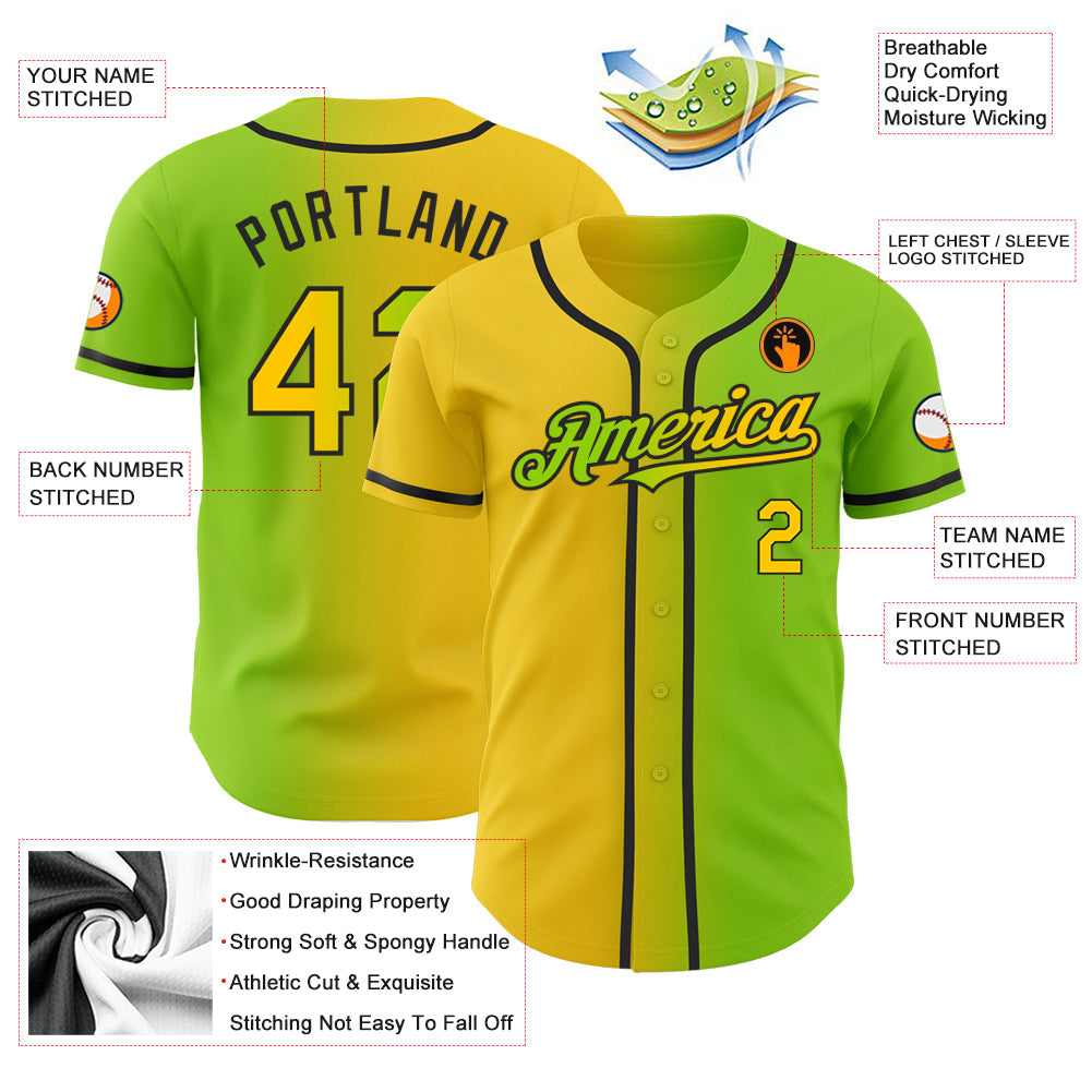 Custom Neon Green Yellow-Black Authentic Gradient Fashion Baseball Jersey view 3