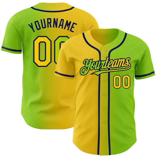 Custom Neon Green Yellow-Navy Authentic Gradient Fashion Baseball Jersey - Main View