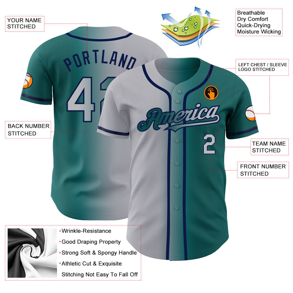 Custom Teal Gray-Navy Authentic Gradient Fashion Baseball Jersey view 3