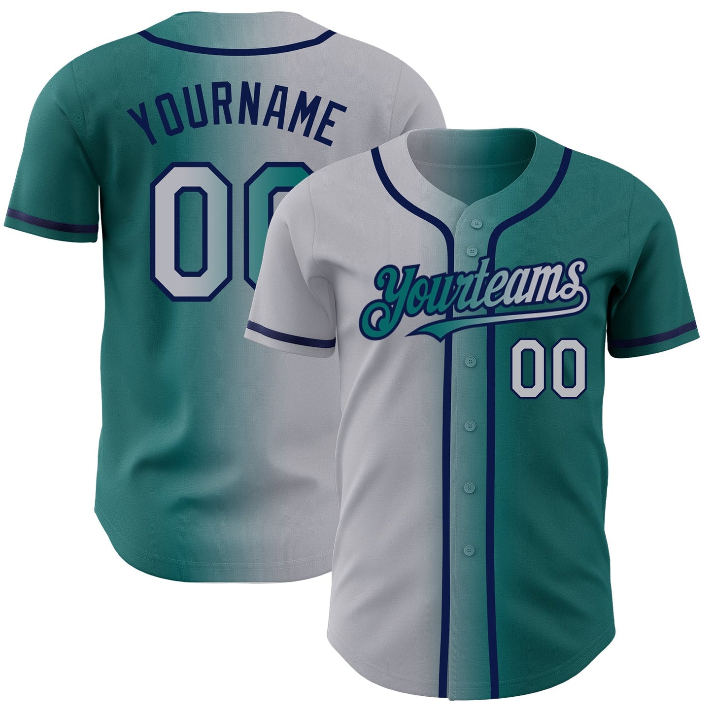 Custom Teal Gray-Navy Authentic Gradient Fashion Baseball Jersey - Main View