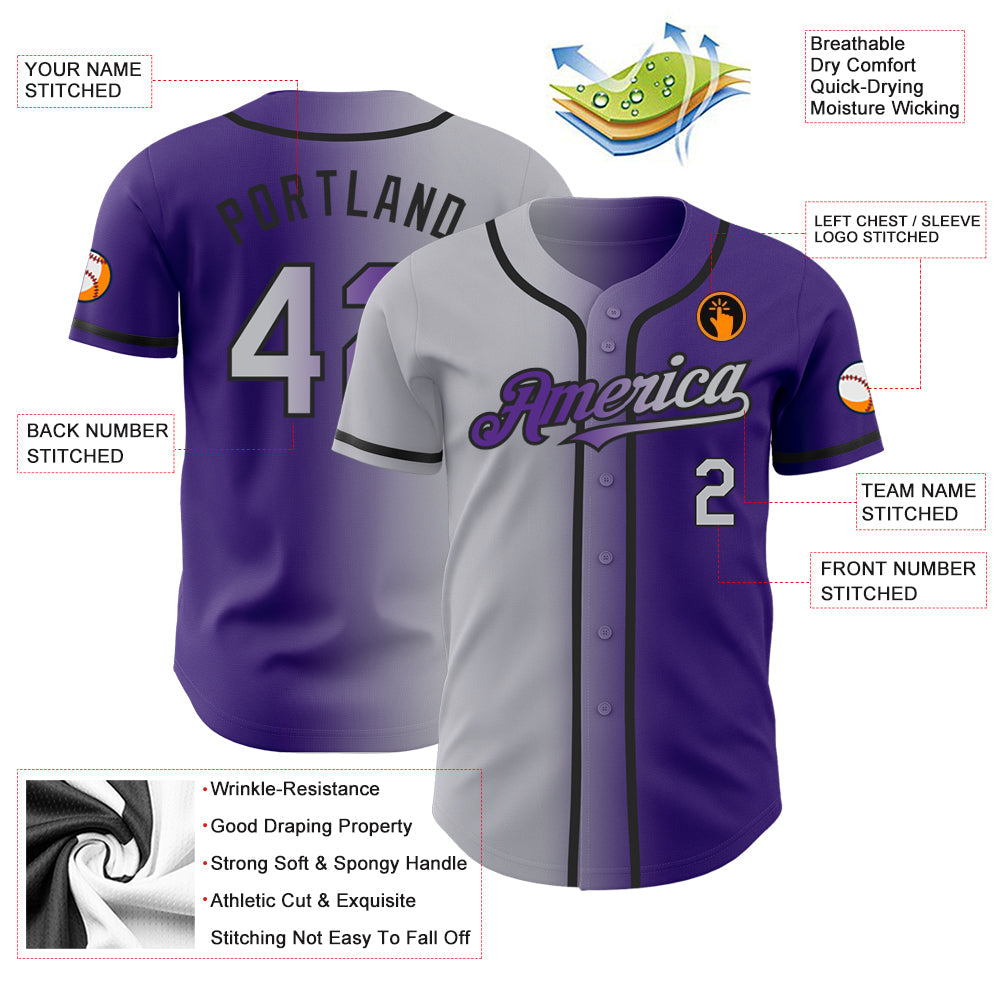 Custom Purple Gray-Black Authentic Gradient Fashion Baseball Jersey view 3