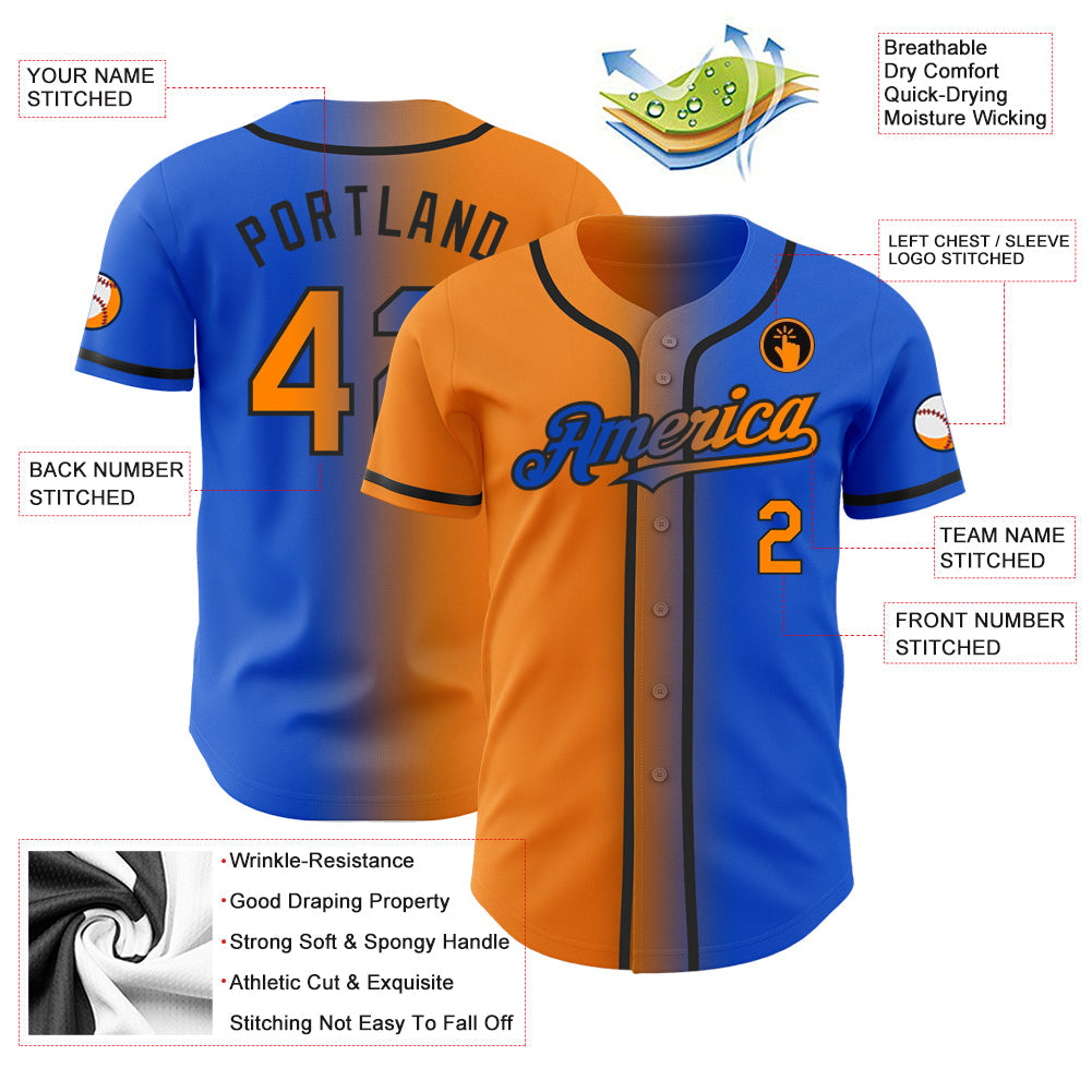 Custom Thunder Blue Bay Orange-Black Authentic Gradient Fashion Baseball Jersey view 3