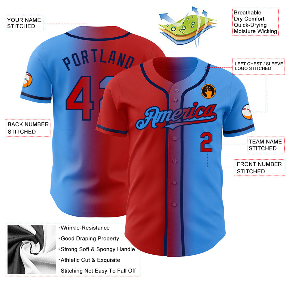 Custom Electric Blue Red-Navy Authentic Gradient Fashion Baseball Jersey view 3