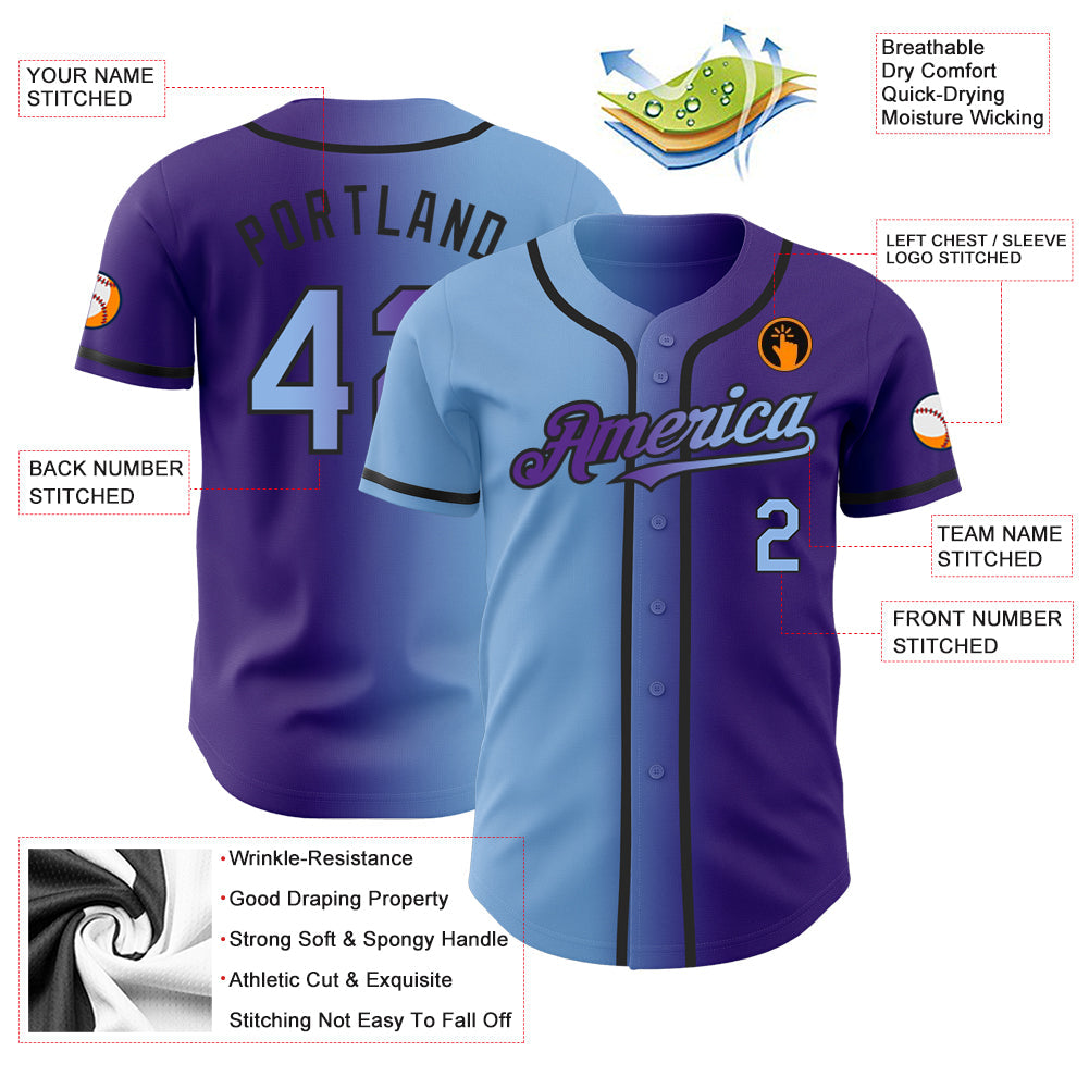 Custom Purple Light Blue-Black Authentic Gradient Fashion Baseball Jersey view 3