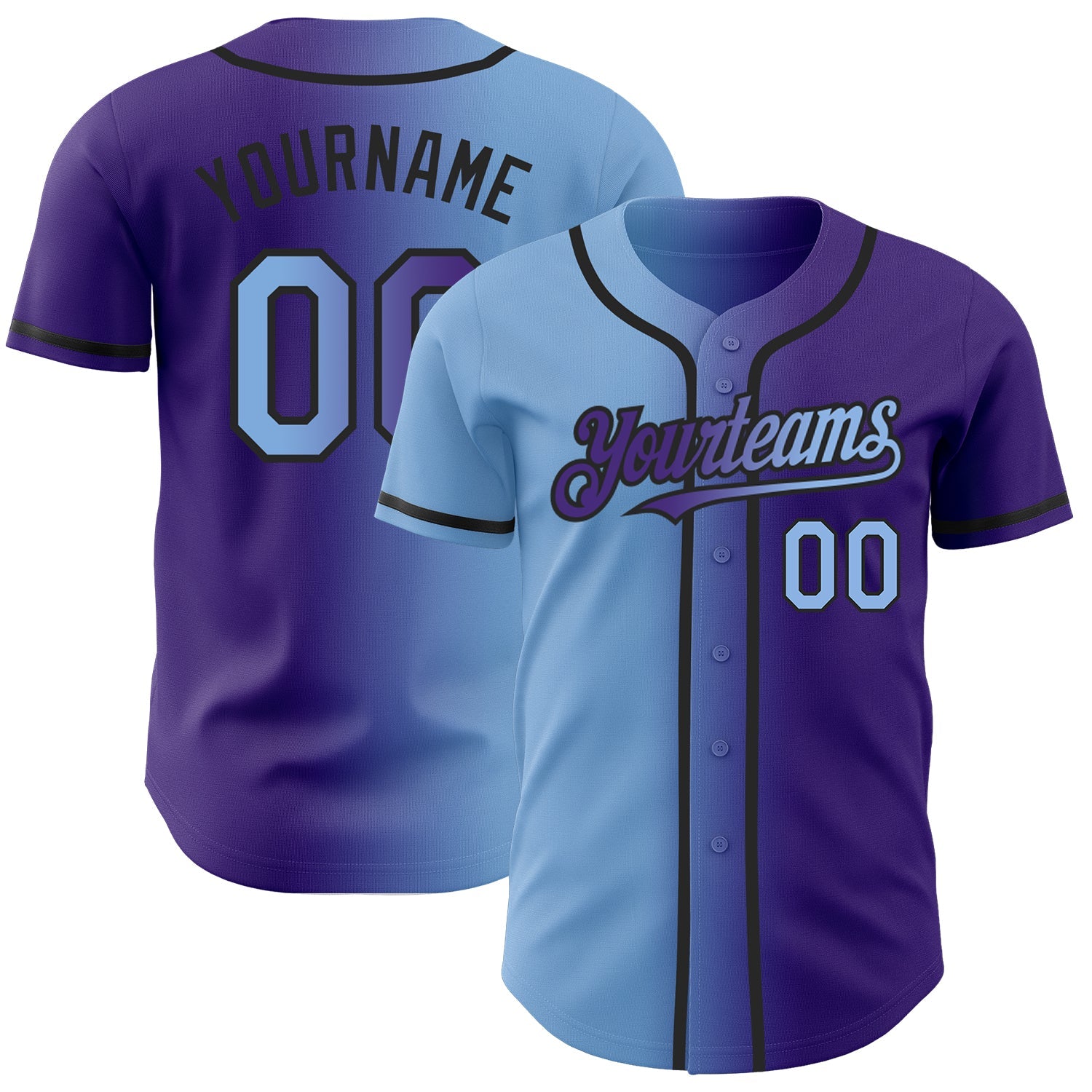 Custom Purple Light Blue-Black Authentic Gradient Fashion Baseball Jersey - Main View