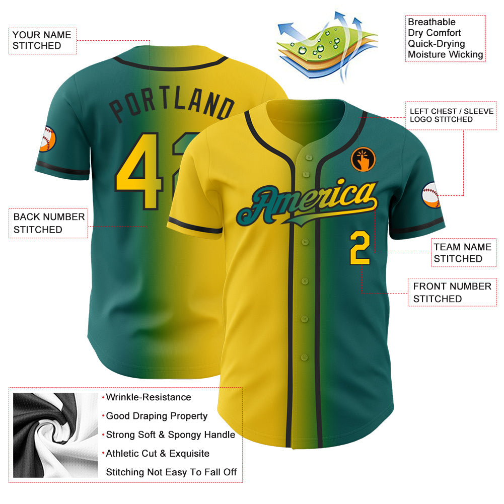 Custom Teal Yellow-Black Authentic Gradient Fashion Baseball Jersey view 3