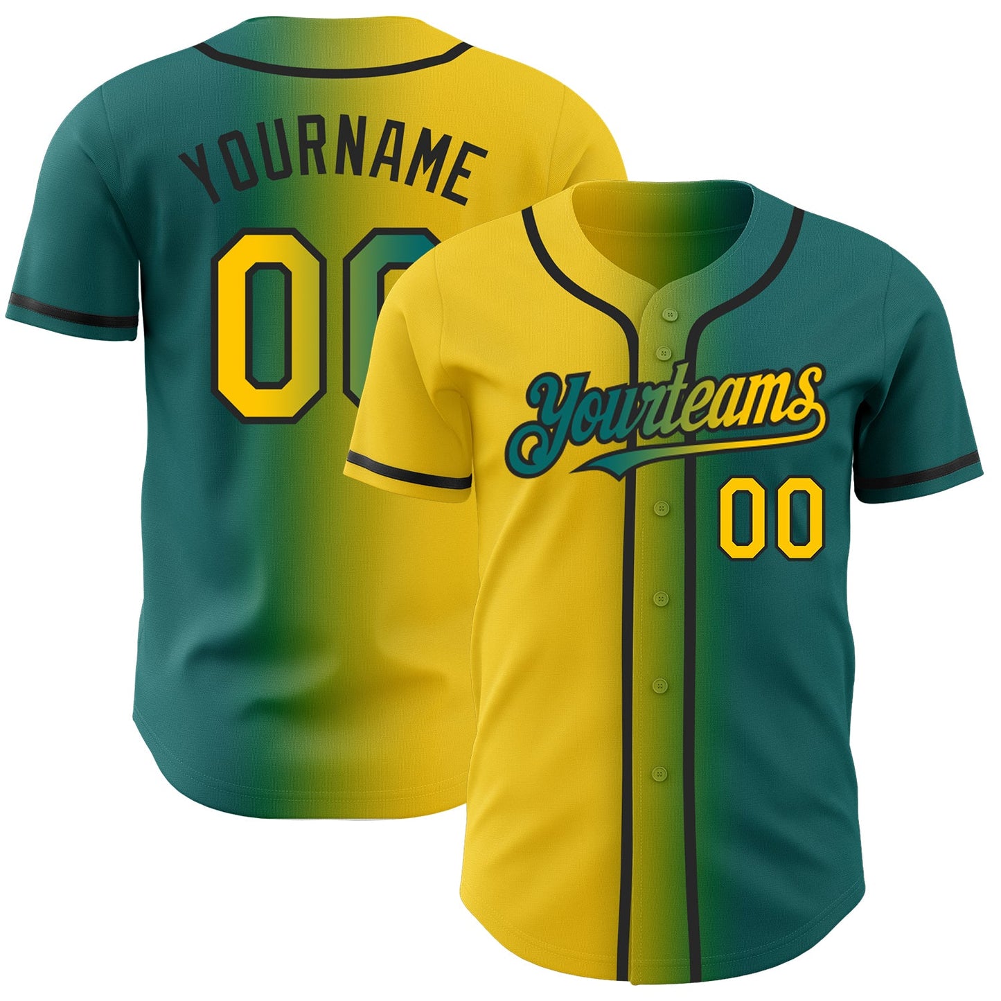 Custom Teal Yellow-Black Authentic Gradient Fashion Baseball Jersey - Main View