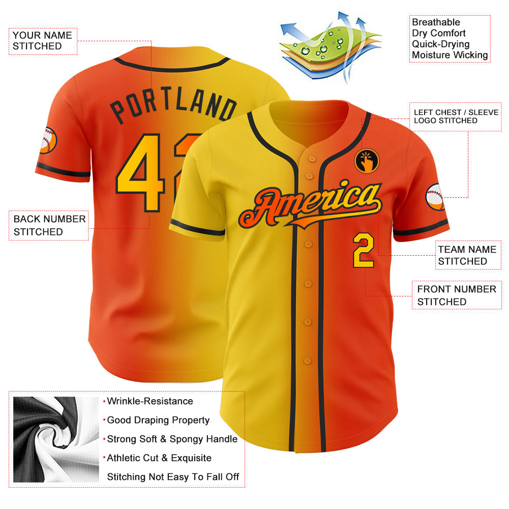 Custom Orange Yellow-Black Authentic Gradient Fashion Baseball Jersey view 3
