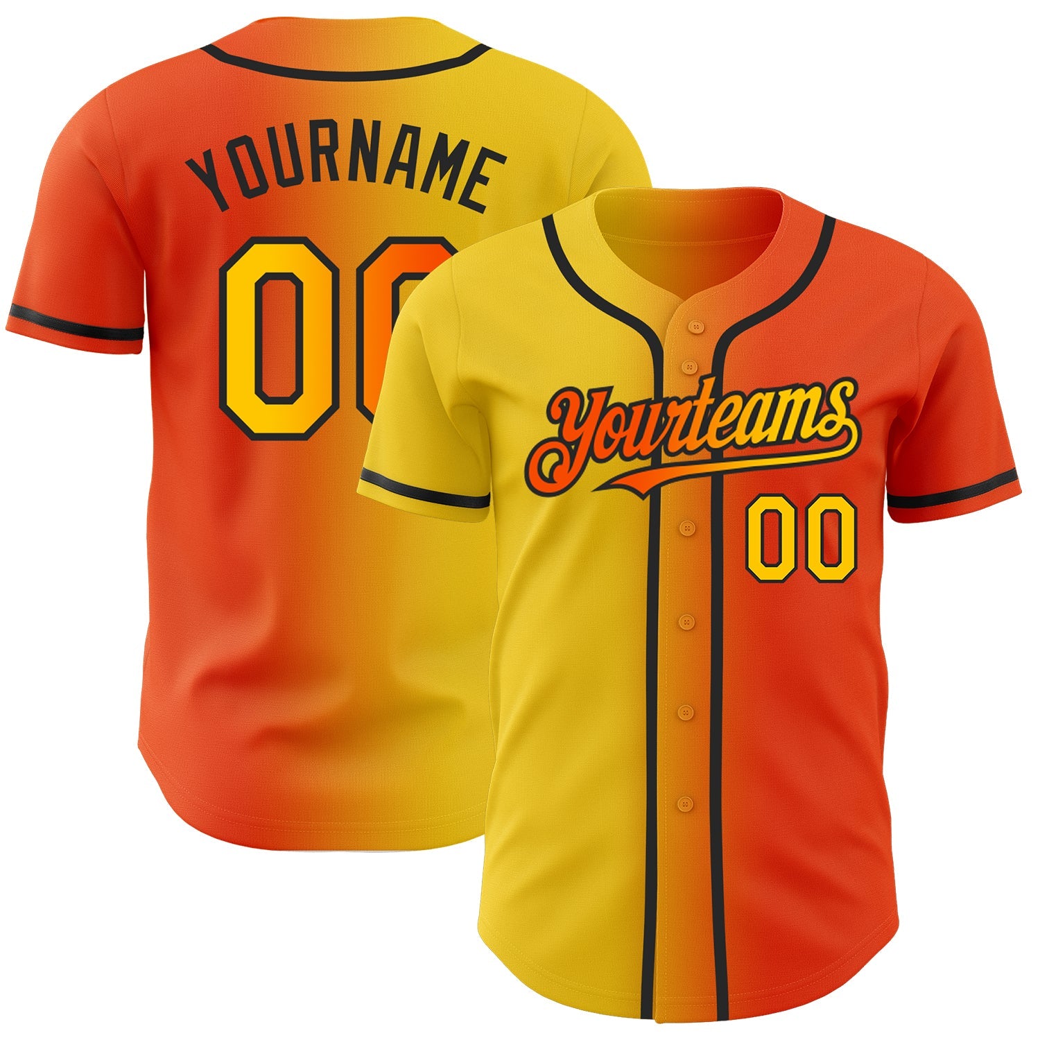 Custom Orange Yellow-Black Authentic Gradient Fashion Baseball Jersey - Main View