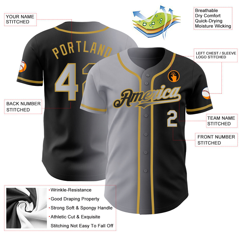 Custom Black Gray-Old Gold Authentic Gradient Fashion Baseball Jersey view 3