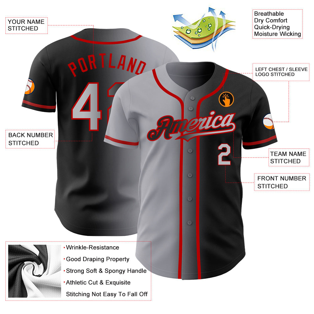 Custom Black Gray-Red Authentic Gradient Fashion Baseball Jersey view 3