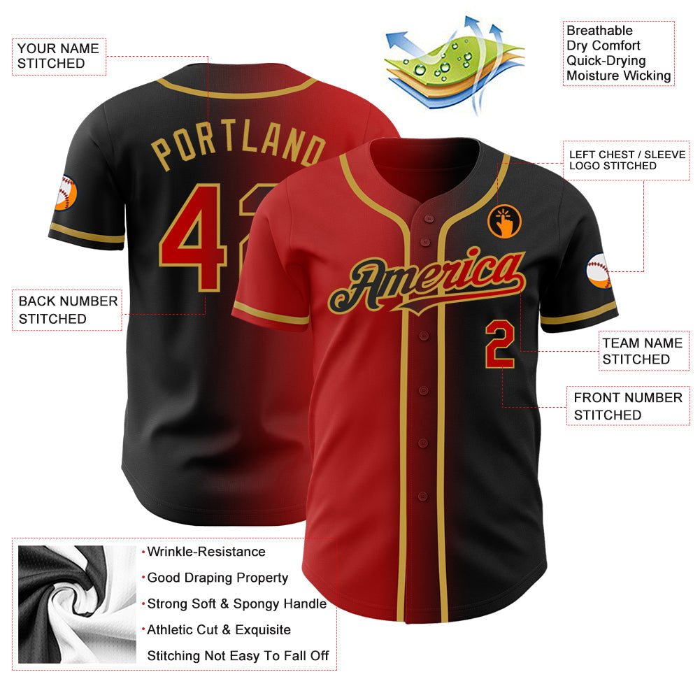 Custom Black Red-Old Gold Authentic Gradient Fashion Baseball Jersey view 3