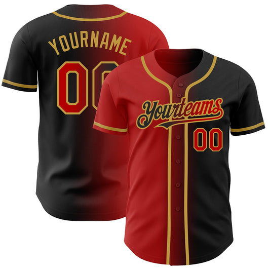 Custom Black Red-Old Gold Authentic Gradient Fashion Baseball Jersey - Main View